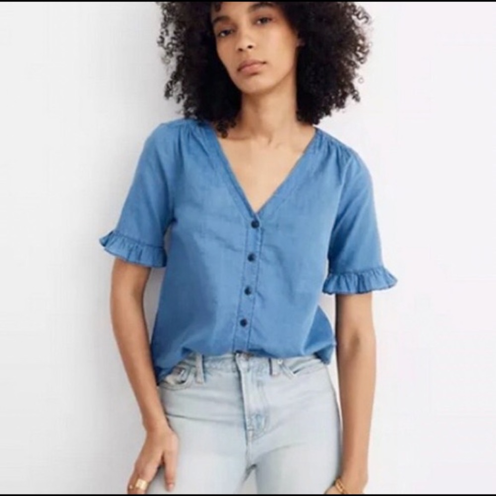 Madewell Village Ruffle-Sleeve Shirt in Indigo